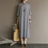 Johnature Women Stand Plaid Dress Button Summer Cotton Linen Vintage Cheongsam Women Cloths Button Shirt Dresses 210521