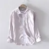 Chemise de chanvre pour hommes à manches longues Casual Tops 100% pur lin col rabattu Vintage couleur unie vêtements 210601