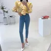 Women's Stretch Hip Slim Fit Skinny Feet Nine Points Retro High Waist Washed Mid-line Front Split Jeans Pencil Pants Sexy 14017 210521