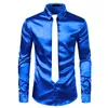 2 stücke Silber Seide Hemd + Krawatte Herren Satin Glatte Smoking Hemden Casual Button Down Männer Kleid Shirts Hochzeit party Prom Chemise Homme 210410