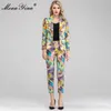 Fashion Designer Set Autumn Women Long Sleeve Suit Tops+3/4 pants Baroque Vintage Print Pretty Two-piece set 210524