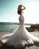 Великолепные кружевные русалки свадебные платья без бретелек шеи с бисером свадебные платья с ними свадебные платья без спинки развертывающие поезд блестение аппликации тюль Vestido de Novia