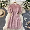 NEPLOE Vintage Court Style Styl Temperament Sukienka Kobiety O Neck Sweter Krótki Rękaw Vestidos Letnia Koronka Szata Solid 210510