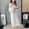 Frauen Winter Lange Pullover und Pullover Turndown Kragen Regenbogen Hülse Gestrickte Kleider Side Split Knie Stricken Vestido 210430