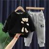 Moda coreana bebê crianças conjuntos meninos meninas cartoon urso caricatura hoodies + calças 2 pcs conjunto de inverno roupas casuais g1023
