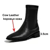 Genuine Leather Mid Heel Short Boots Women Shoes Square Toe Chunky Heels Slip On Stretch Ankle Autumn Winter 40 210517