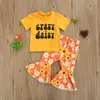 0-3Y Sommer geboren Säugling Baby Mädchen Kleidung Set Brief T-shirt Blume Flare Hosen Outfits Kostüme 210515