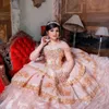 Robes De 15 Anos Puffy Jupes À Volants Blush Rose Perlé Quinceanera Robe Hors Épaule À Lacets Corset Sweet 16 Robe Robes De Mariée