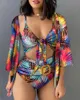 Traje de baño para mujeres Mujeres Sexy Spaghetti Correa Impresión floral Bikini anudado Conjunto con cubierta de traje de baño Tres piezas Ropa de playa