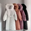 Kış Kadın Fox Saç Yaka Beyaz Ördek Aşağı Kapüşonlu Bel Kapanış Mizaç Ceket Kalın Sıcak Ceket Kemer Ile 210430