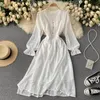 Spring Temperament Fashion French Retro Vestidos Female V-neck Lace Border Puff Sleeve Mesh Hollow Midi Dress C348 210507