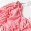 spring and summer asymmetrical collar puff sleeves high waist irruglar pink sexy dress vacation WM29211L 210421
