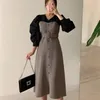 Coreano elegante color bloqueado mujeres vestido largo primavera falso dos piezas de un solo pecho con cinturón con cuello en V Vestidos Vestidos Mujer 210513