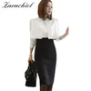 Business 2 Stuk Dames Herfst White Cape Lange Mouw Pearl Blouse Shirt + Black Split Potlood Bodycon Rok Set Set 210416