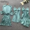 Neploe Femmes Pyjamas Ensembles Dames Sexy Satin Dentelle Vêtements De Nuit 4 Pièces Robe Robe Chemise De Nuit Pyjama Lounge Pijama 210423