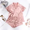 Bclout Pink Silk Casual Home Wear Women Suit Elastic Waist Shorts Satin Button Up Shirt Female Two Piece Set Short Sleeve 2021 Y0702