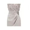 Cap Sleeve Real Image Silver Gray Sheath Scoop Short Mother of The Bride Dress Sequined Satin Appliques Knee Length Guest Party Go4104540