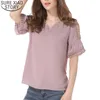 Hollow Out V-Neck Womens Toppar och blusar Kvinnor Off Shoulder Blouse Fashion Rosa Lace Kortärmad T-shirts Blusas 9472 50 210417