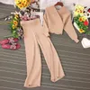 Elgant Mode Femmes Brillant Tricoté Deux Pièces Ensemble Automne Hiver Col V Manches Chauve-Souris Pull Haut Élastique Jambe Large Pantalon Long 210506