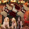 4スタイルのクリスマスストッキング格子縞のクリスマスの装飾ギフトバッグのペット犬猫の足の服装ギフトバッグの木の壁掛け飾りMo22