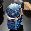Lige Top Brand Luxury New Fashion Simple Watch for Men Blue Dial Watch Mesh Belt Sport Waterproof Watches Moon Phase Wrist Watch Q0524