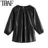 TRAF女性ファッションフェイクレザーパッチワークルーズブラウスヴィンテージOネック3クォータースリーブ女性シャツシックトップ210415