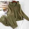 Neploe Casual Fashion Suit Autumn 2 Piece Set Hooded Loose Knitted Women Hoodies Solid Color Stretch Waist Wide Leg Pants 210423