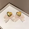 Korea Metal Love Heart Sweet Beige Bowknot Drop Kolczyki Tkaniny Szyfonowa Łuk Dynda Kolczyk Romantyczne kolczyki 2021