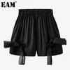 [EAM] Pantaloncini a gamba larga casual pieghettati con fiocco nero da donna Pantaloni larghi a vita alta Moda Primavera Estate 1DD7704 21512