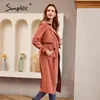 Casual Button Pocket Kvinnor Lång Trench Coat V-Neck Bundet Brick Red Windbreaker Kvinna Gentle Spring Autumn Outwear 210414