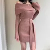 Off Shoulder Long Sleeve Sashes Women Mini Dress Knitted Ribbed Fold Slash Neck Korea Chic Sexy Woman Dresses 2022 Vestidos Casual