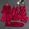 Sleepwear Female 5PCS Pajamas Set Satin Pyjamamas Lace Patchwork Bridal Wedding Nightwear Rayon Home Wear Nighty&Robe Suit 210809