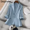 Damenanzüge Blazer High-End-Bürodame Leinen Kleiner Anzugmantel 2021 Frühling Sommer Elegant Slim Fit Dünn aussehender Blazer Frauen Schwarz Weiß