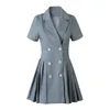Yaz Moda Kadın Giyim Çentikli Yaka Kısa Kollu Kruvaze Pileli Suit Elbise WP88202L 210421