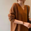 V-Neck Pullover Lazy Wind Sweater Medium Long Knitted Dress Women's Casual Solid Color Base Fashion Skirt Female 210520