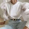 Vintage blanc femmes Blouse printemps été maille dentelle Crochet Patchwork manches bouffantes à la mode femme chemises hauts 210428