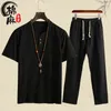 Summer Chinese Style Cotton and Linen Suit Men's Short-sleeved T-shirt Nine-point Pants Two-piece Men's Clothing G220224