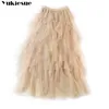 elegant ruffless lace boho beach high waist Women's skirts woman womens jupe femme 3 layers long maxi pleated tulle skirt 210608