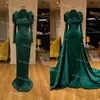 Elegant jägare grön sjöjungfrun kvällsklänning med avtagbart tåg Dubai arabiska långärmad formell muslimsk prom klänningar silke satin party examen wear robes de soirée