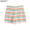 Zevity Femmes Mode Coloré Rayé Tricot Summer Shorts Femme Chic Lace Up Taille Casual Pantalone Cortos P1112 210719