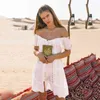 Off Shoulder White Embroxery Jurk Zomer Dames Haak Lace Up Beach Dress Button Flare Sleeve Katoenen Jurk Vestidos 210415