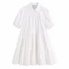 Femmes douce mode à volants blanc Mini robe Vintage revers col manches bouffantes robes filles décontracté Chic Vestidos Mujer 210520