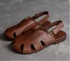 Mode Sommer Vintage Echtes Leder Niedrigen Ferse Sandalen Für Frauen 2021 Haken Und Schleife Atmungsaktive Flache Casual Wom