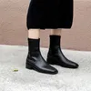 Cuir véritable mi-talon bottes courtes femmes chaussures bout carré talons épais sans lacet Stretch cheville automne hiver 40 210517