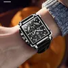 OLEVS 원래 시계 남성 탑 브랜드 럭셔리 중공 스퀘어 스포츠 시계 패션 가죽 스트랩 방수 쿼츠 손목 시계