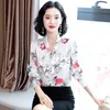 Mode coréenne soie femmes Blouses Satin à manches longues fleur chemise bureau dame Blusas Largas grande taille automne s hauts 210531