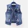 Plus storlek ärmlös kvinna väst sommar denim waistcoat mode casual kort jeans jacka pärlstav hål slim coat 220106