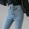 Katoen denim asymmetrie mode jeans vrouwelijke potlood broek hoog getailleerd Koreaanse zelfdichte stretch-legging 261b 210420
