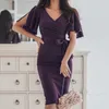 Été Femmes Bow Sexy Bodycon Crayon Gaine Rétro Formelle De Mariage Soirée Occasion Spéciale Robe De Travail Violet 210529