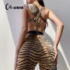 CNYISHE FASHION Streetwear Tiger Pattern Print Jumpsuits Kvinnor Romper Sexig Hollow Out Cross Bandage Slim Jumpsuit Kvinna 210419